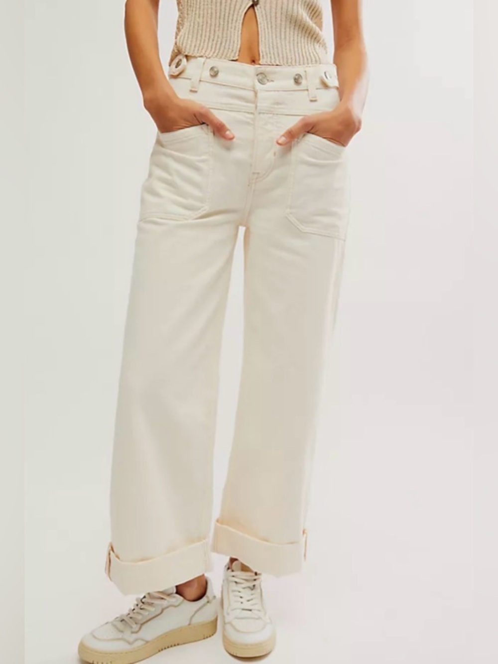 Free People We The Free Palmer Cuffed Wide Leg Jeans Eggshell Boho 24 Fit 26